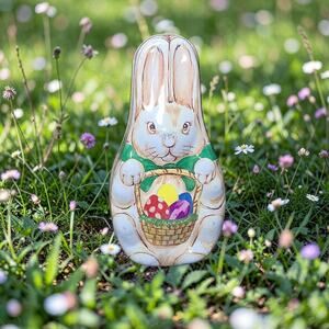 Vintage Easter Bunny Litho Tin Candy Container Small 6x3 Gift Box
